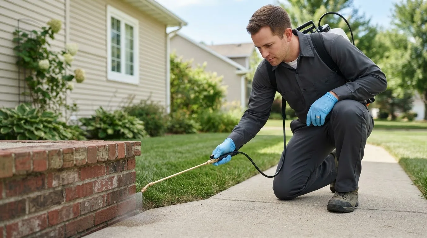 Pest control technician treating a home near Forsyth, IL
