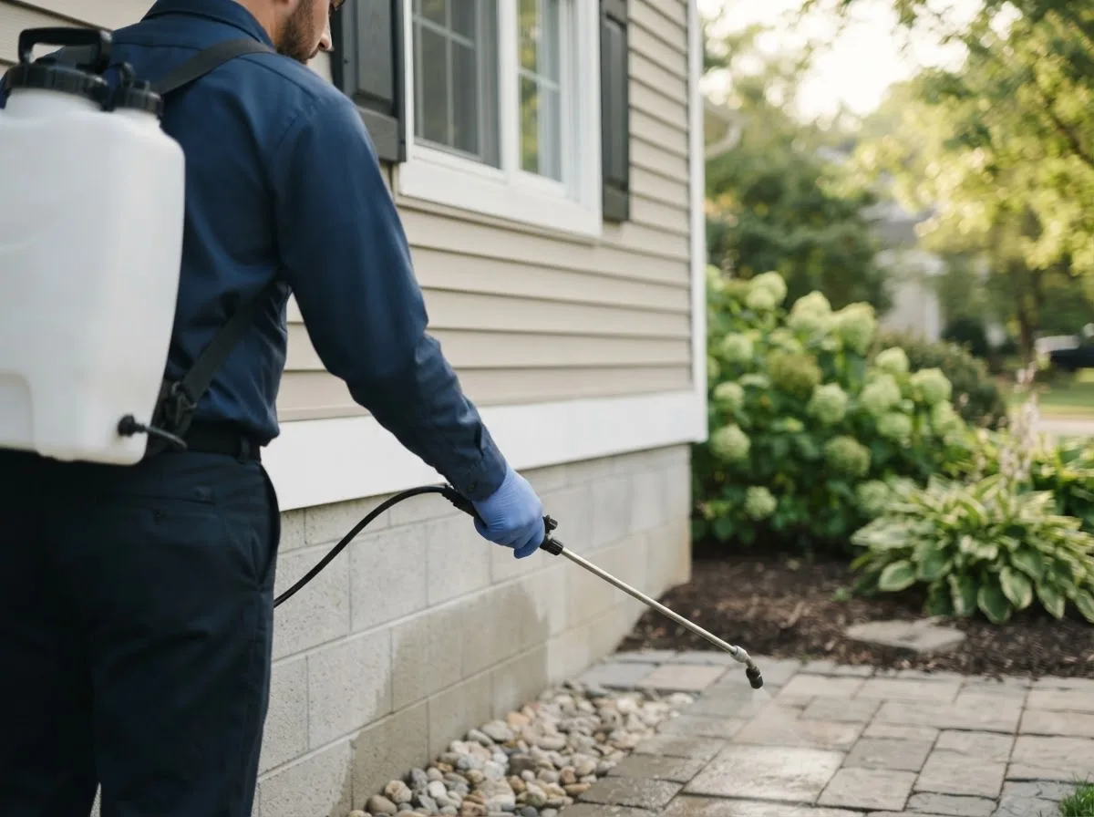 Pest control technician inspecting a home in Forsyth, IL